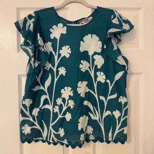 Juliet Dunn Teal and White Floral Blouse